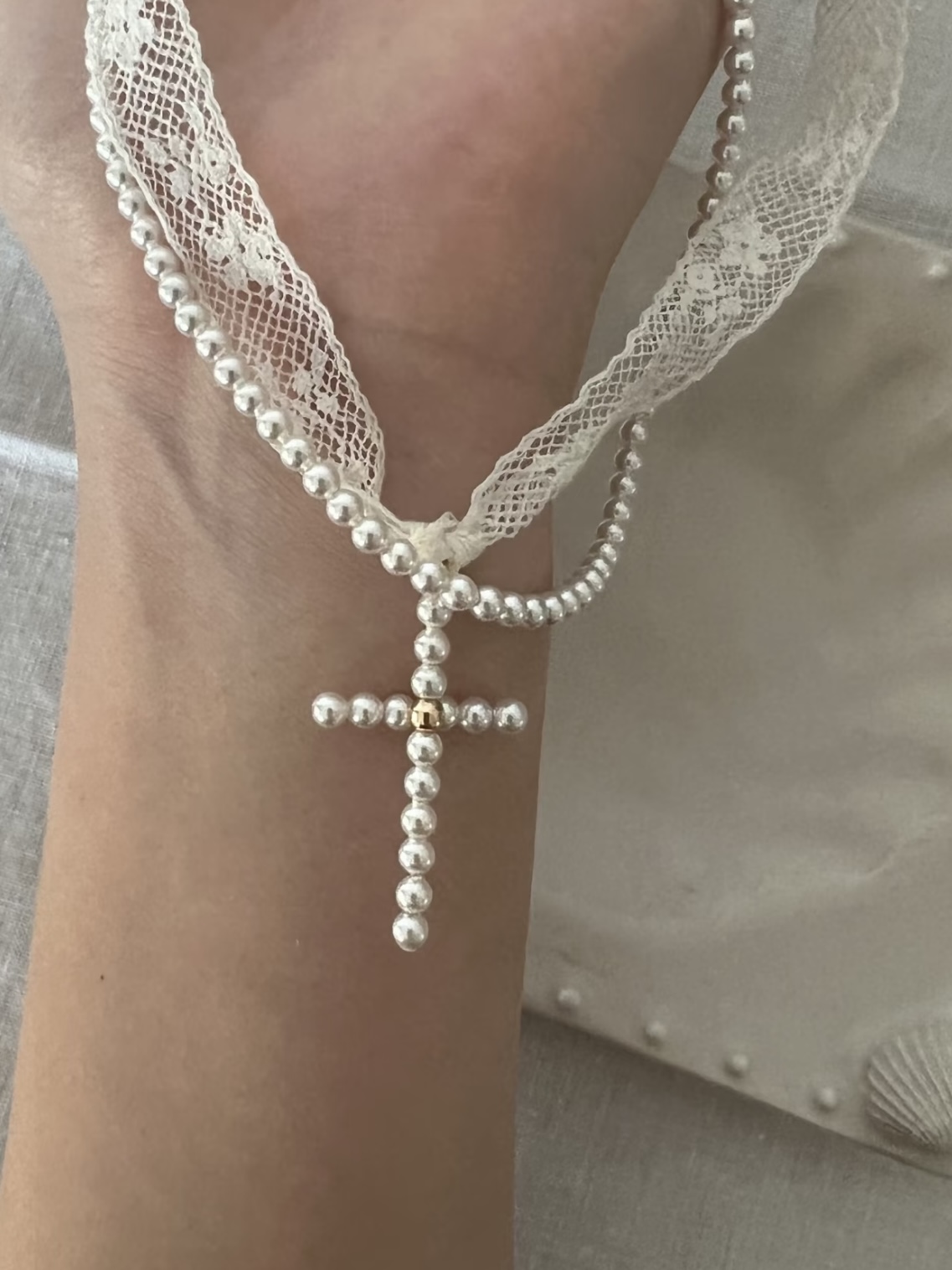 Lace Pearl Cross drop necklace