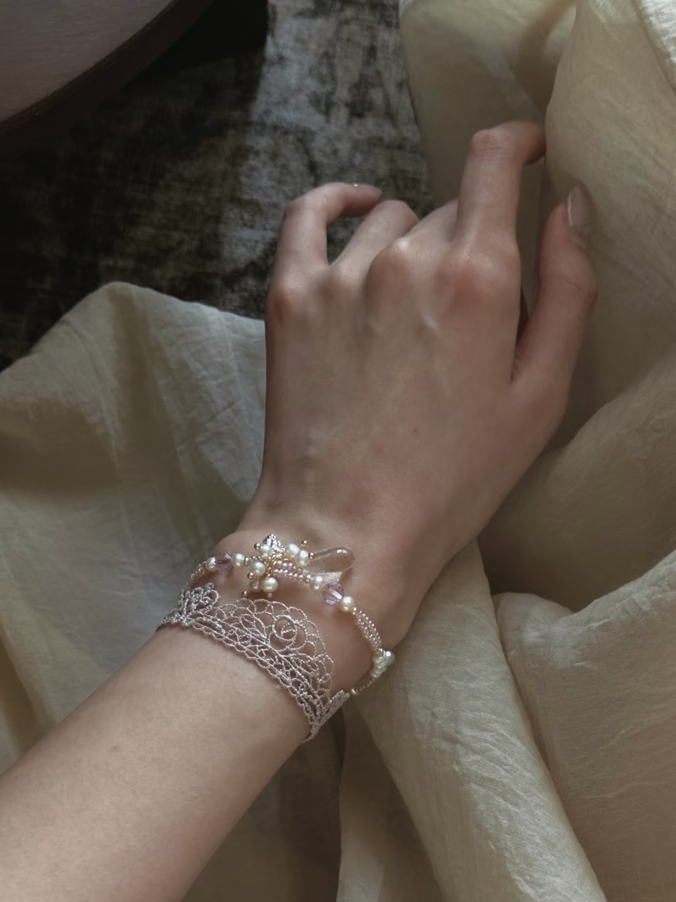 Lace, Pearl and crystal bracelet